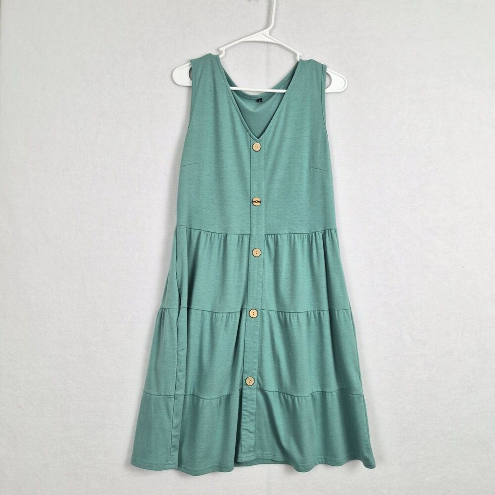 Turquoise Large Sleeveless Casual Tiered Sun Dress  Knee Length Slip On